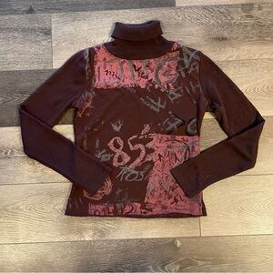 Vintage Cache Graphic Print Turtle Neck Wool Sweater Sz 2 Small Y2k 90s Grunge